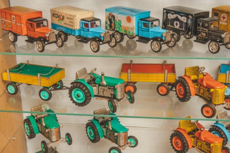 Kovap Mechanical Metal Cars shown in a souvenir shop in Prague